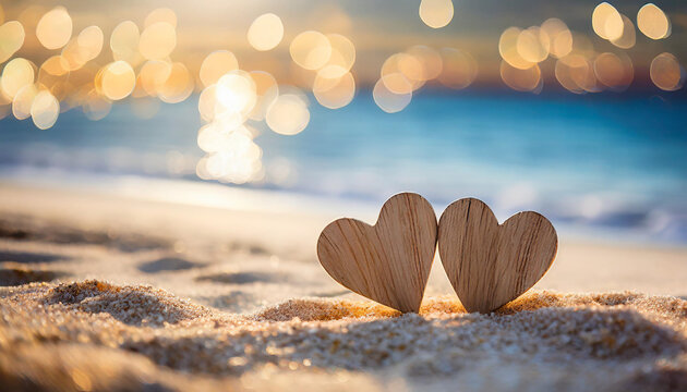 Two wooden hearts nestled on sandy beach with blurred backdrop, offering space for captions, under warm backlight