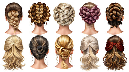 Collection of Trendy Women's Hairstyles and Wigs on Transparent Background, Female Hair Wigs and Hairstyles, Set Of Woman Hair Styles Wigs
