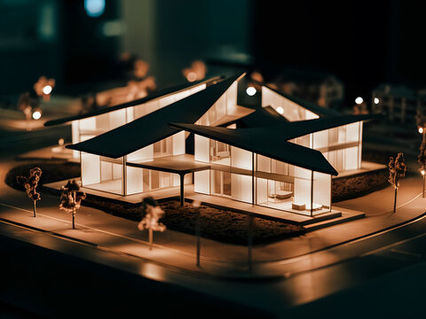 Modelo iluminado a peque&ntilde;a escala de un dise&ntilde;o de casa moderno y elegante