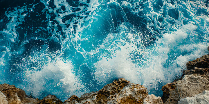 GPT
Primer plano de una intensa ola del oc&eacute;ano, salpicando y estrell&aacute;ndose contra las rocas con energ&iacute;a din&aacute;mica, creando efectos visuales poderosos y dram&aacute;ticos.