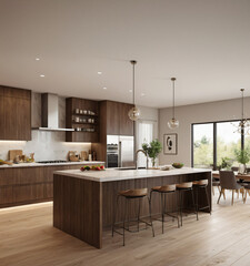a high-quality 3D render of a modern kitchen interior, highlighting sleekness and functionality. Incorporate state-of-the-art appliances, minimalist cabinetry, and a spacious island with bar seating. 