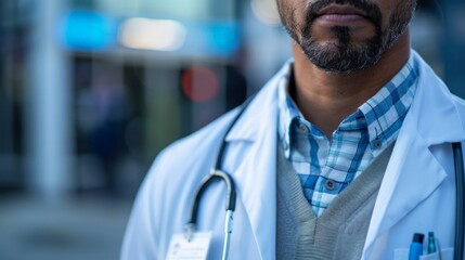 Fototapeta premium Doctor in Lab Coat and ID Badge: Depict a close-up photo of a doctor showcasing their credentials and professional identity authority and respect associated with the medical profession.