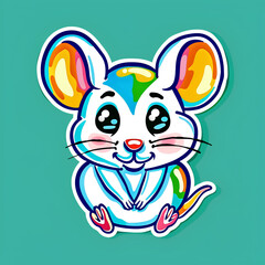 Fototapeta premium Adorable Cartoon Mouse with Multicolored Ears on Turquoise Background