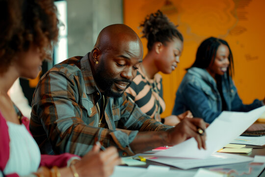 a Black creative director reviewing design drafts with a team of graphic designers