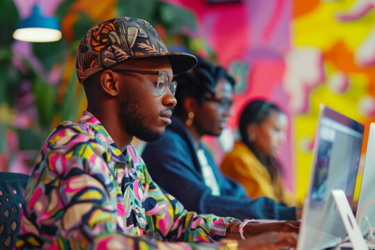 a Black creative team working on a startup project in a colorful, casual office