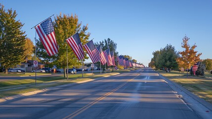 Small town street with American flags on display