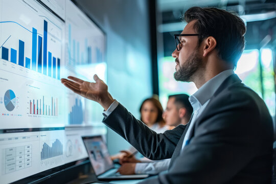 a Brazilian business analyst presenting market data to a team in a sleek office