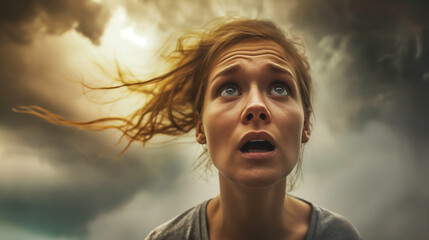 Portrait of a person looking horrified as a tornado looms behind them 