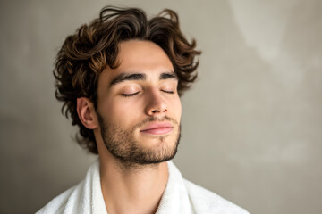 Portrait of a young man in a spa salon, eyes closed, relaxed expression, wearing a white robe 