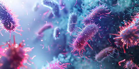 The Bacterial Virulence Factory in Focus: A vivid microscopic image of bacteria and their viruses, magnified and illuminated by a laboratory light.