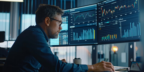 Fototapeta premium a business analyst reviewing financial charts and graphs on a large monitor