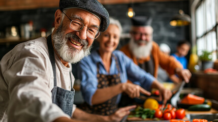 Selfie, gratification and a couple of elderly pals cheerful in a home cooking class setting, making recipes, sharing cooking tips, and photographing their rewarding culinary experience together 