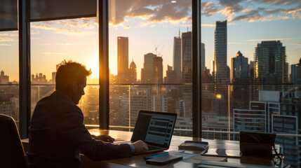 Fototapeta na wymiar a businessman working on a laptop at a minimalist desk with a view of the city skyline