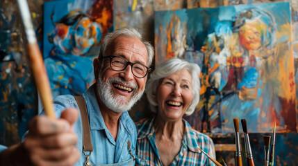 Selfie, recreation and a senior couple jubilant in an art studio setting, painting pictures, appreciating art, and capturing their delighted artistic sessions together 