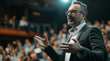 a confident CEO making a keynote speech at a corporate event with an engaged audience