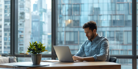 Fototapeta na wymiar a Hispanic entrepreneur working on a laptop in a minimalist office with a view of the city skyline