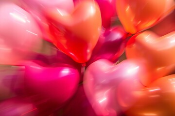 motion blur, heart shape balloons in motion, pink, red, orange colors