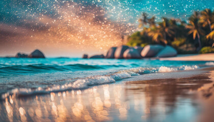 Blurry beach scene with sun reflections on waves, capturing serene tropical summer vibes