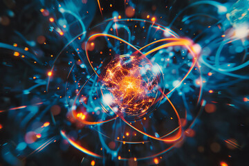 Atom collision in particle accelerator, highenergy physics, dynamic interaction, top view, showcasing subatomic events, futuristic tone, Analogous Color Scheme.