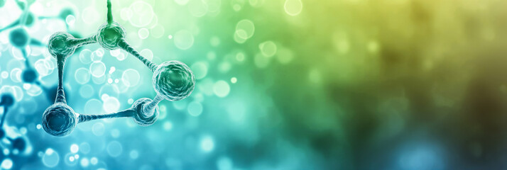 Wide angle of interconnected molecules, gradient blue and green background, scientific theme 