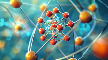 Atom in a crystalline lattice, organized structure, material science, front view, illustrating atomic arrangement in solids, technology tone, Complementary Color Scheme.