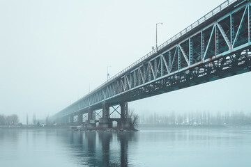 Naklejka premium Complex bridge structure over a river, engineering marvel, infrastructure design, side view, illustrating structural integrity, technology tone, Complementary Color Scheme.