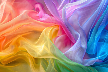 Obraz premium Textile folds of multicolored thin mesh fabric, fashionable rainbow folds for banner design, cards, top view, place for text