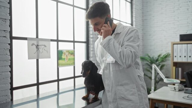 Young man veterinarian in a clinic talking on a phone while holding a dachshund dog on a table in a bright modern interior.