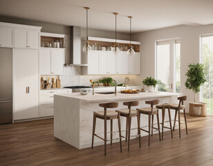 Fototapeta premium a high-quality 3D render of a modern kitchen interior, highlighting sleekness and functionality. Incorporate state-of-the-art appliances, minimalist cabinetry, and a spacious island with bar seating. 