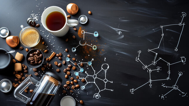 Coffee Chemistry Concept with Beans, Cups, and Molecular Structures on Dark Background