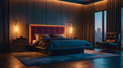 modern and minimal bedroom interior design, contemporary interior design, 3D render, cinematic lighting