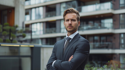 Fototapeta premium A man (businessman, real estate agent, in a suit) stands against the background of a building, city, architecture