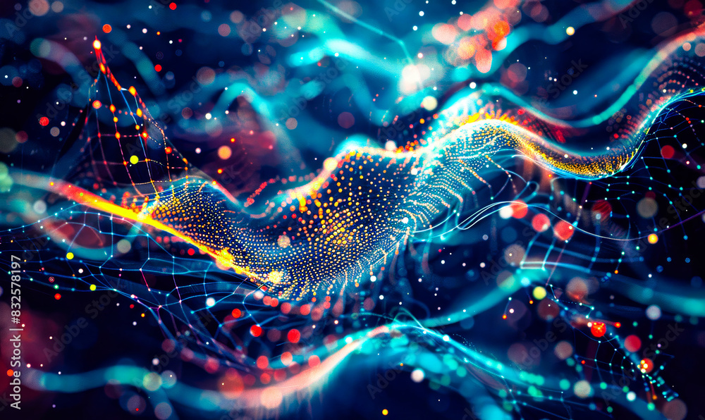 Aufkleber neon digital multicolored particles grid, moving dots in cyberspace light waves for hi-tech brochure