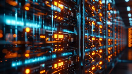 Obraz premium Digital gold creation in a blockchain mining farm, featuring neon rows and wide racks. Ideal for illustrating cryptocurrency and advanced technology themes