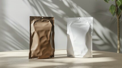 Two blank packaging pouches in bronze and white set against a neutral backdrop with plant shadow patterns