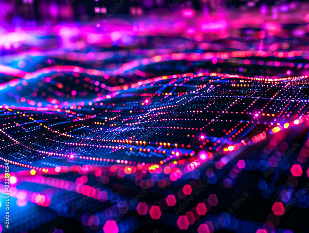 Poster Neon digital multicolored particles grid, moving dots in cyberspace light waves for hi-tech brochures, techno presentation, event scrapbook, business card, banner