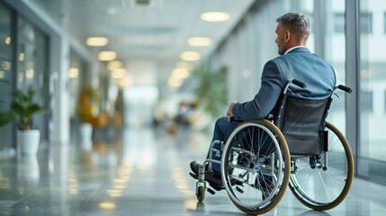 Obraz premium Close up of businessman in wheelchair with blurred office interior background. People concept and travel activity business. Solid man with a disability sitting in wheelchair.