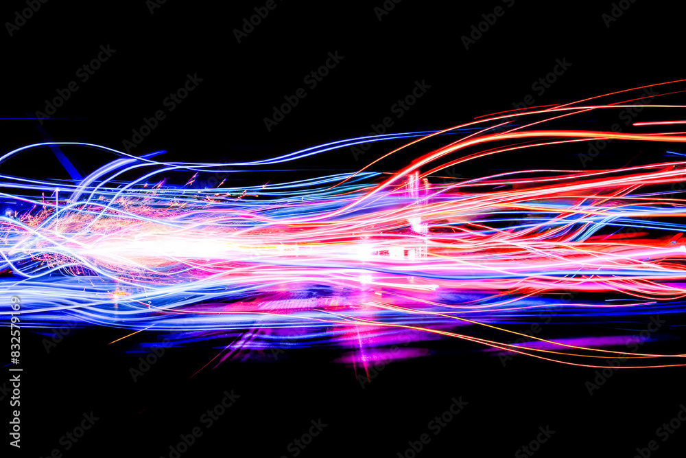 Poster neon pink, blue flow with glow particles plasma in the universe. high speed of light multicolor spar