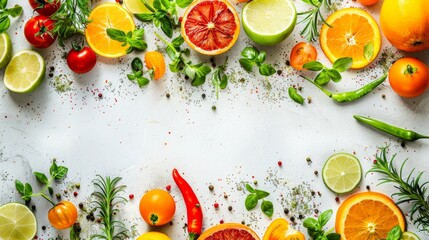 Ketogenic diet, with fresh ingredients and a mix of vibrant colors orange, limons on the kitchen table, white background, flat lay, healthy eating concept, banner, empty space