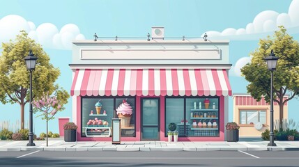 Modern ice cream shop flat design side view city