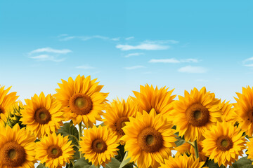 Naklejka premium Sunflower field with cloudy blue sky