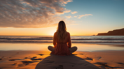  woman meditating on the beach at sunset