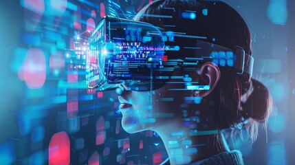 A woman is wearing a virtual reality headset and looking at a computer screen