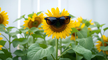 Blooming yellow sunflower with sunglasses. Funny, playful summer plant against white fence