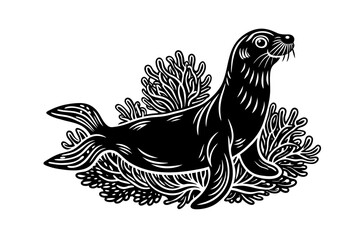 a-vivacious-sea-lion-with-coral-reefs-beneath-on black-and-white-background  vector illustration