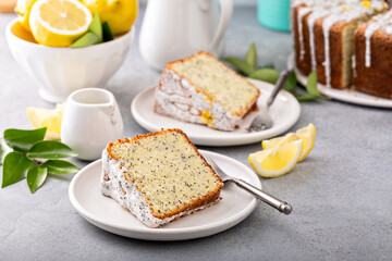 Lemon poppy seed cake on white plate