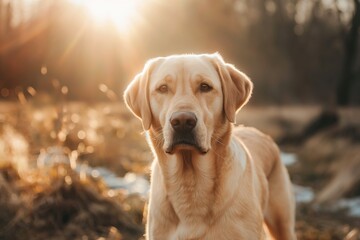 A photo of a beautiful brown dog standing in a meadow, facing the camera, bathed in dappled sunlight. The serene setting highlights the dog's calm and content expression.