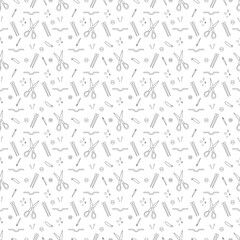 Seamless pattern with knitting needles and knitting tools. Doodle outline illustration.
