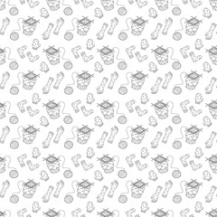 Seamless pattern with circular knitting and knitting clothes. Doodle outline illustration.