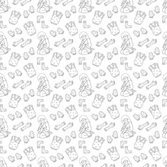 Seamless pattern with girl and knitting clothes. Doodle outline illustration.